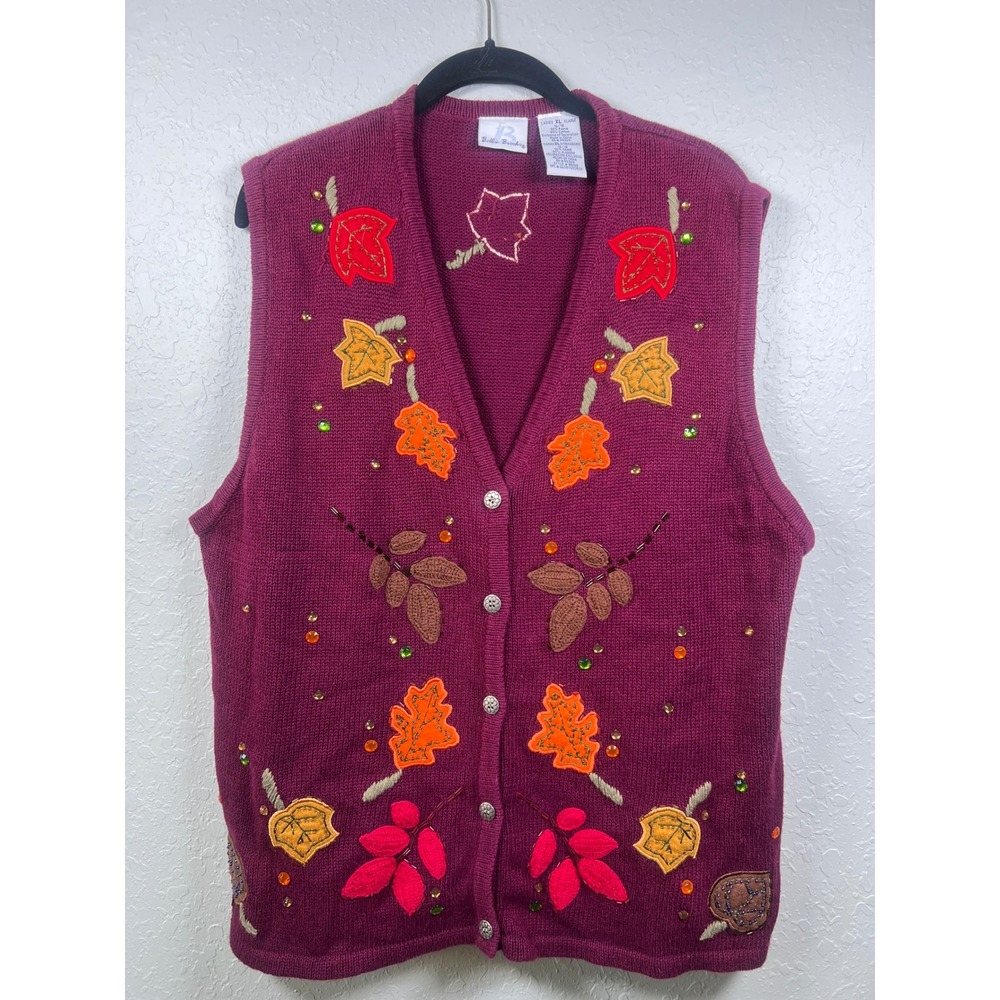 Vintage Brooks Sweater Vest Women Fall Leaf Beaded XL Burgundy Boho Embroidered